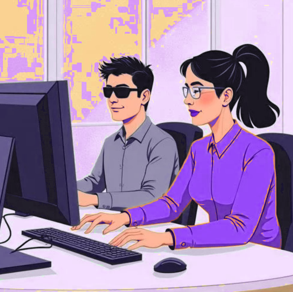 Two testers working at a shared desktop computer — one wearing dark glasses, the other leaning in and typing on the keyboard — running through an accessibility walkthrough together.