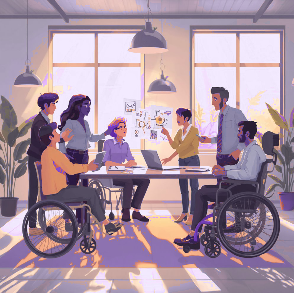 A mixed-ability product team meeting around a table — two wheelchair users, a woman pointing at a whiteboard of sketches, and colleagues leaning in with laptops and notebooks. The room is sunlit and collaborative.